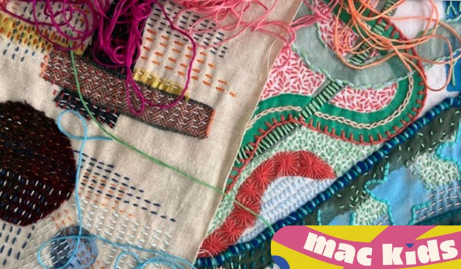 A collection of fabrics with colourful stitches.