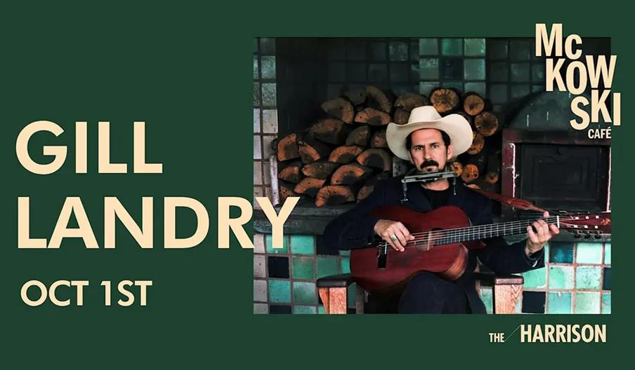 Promotional poster for Gill Landry performing at The Harrison Belfast on 1 October, featuring Gill Landry seated with a guitar and harmonica.