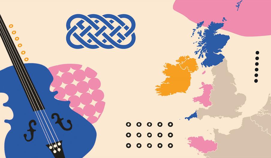 Graphics including a cello and map of Celtic countries