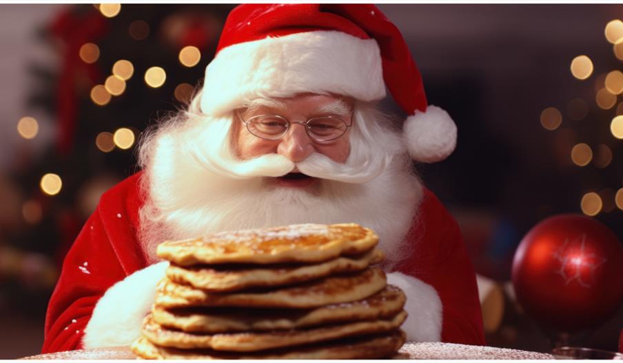 Santa Claus admiring a stack of pancakes