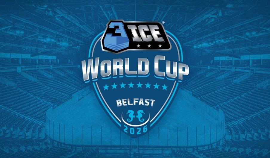 Promotional Image for 3ICE World Cup with a blue overlay of the ice rink in Belfast and the 3ICE logo in the center of the image.