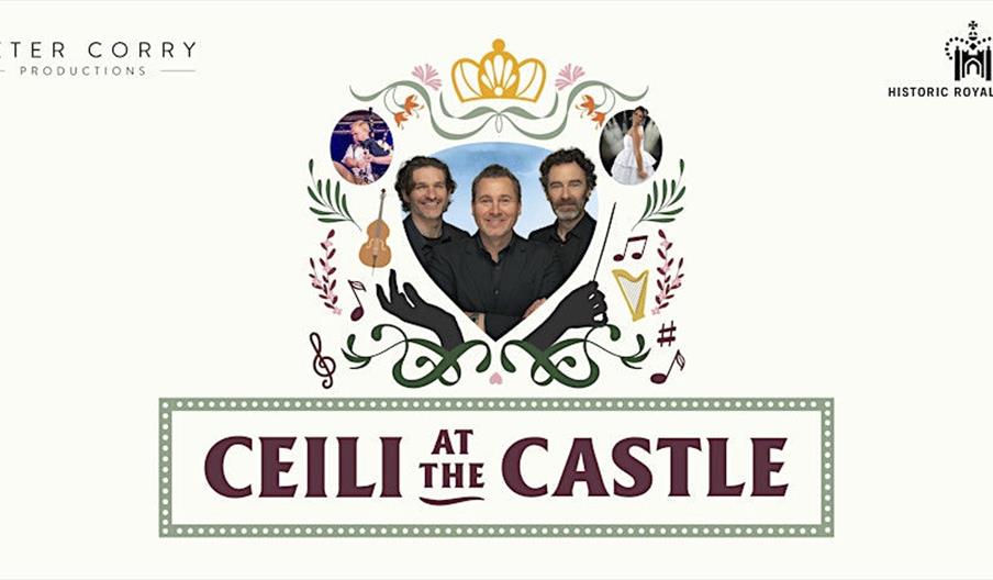 A central image showing the three Celtic Tenors smiling and dressed in black shirts is surrounded by colourful illustrations of harps, musical notes a