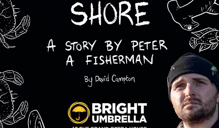 Poster for "A Farther Shore," a story by Peter A. Fisherman, featuring sea-life drawings, a bearded fisherman, and Bright Umbrella branding.