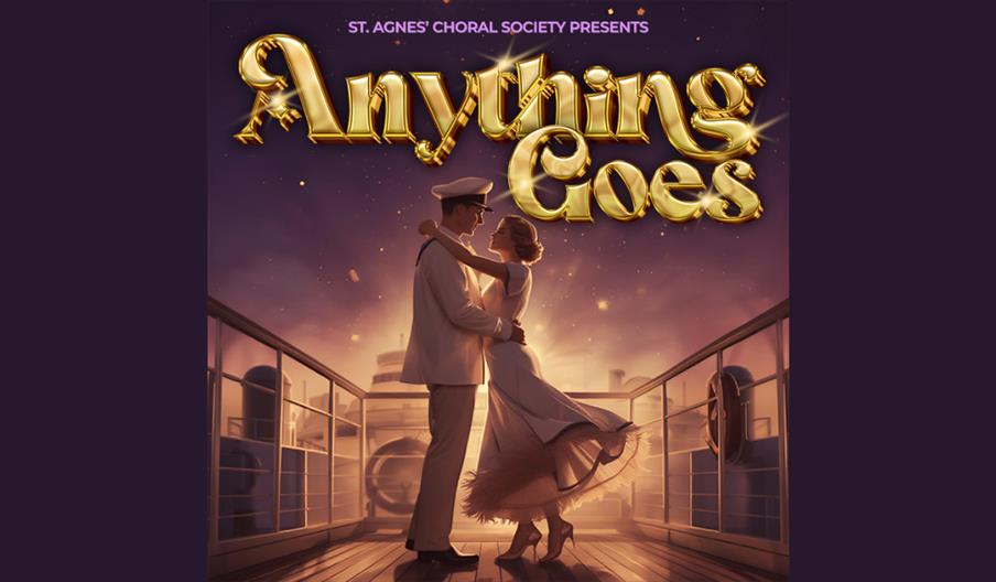 Romantic couple dancing on a ship deck at sunset. A man in a sailor uniform and a woman in a dress embrace. "Anything Goes" in gold letters above.