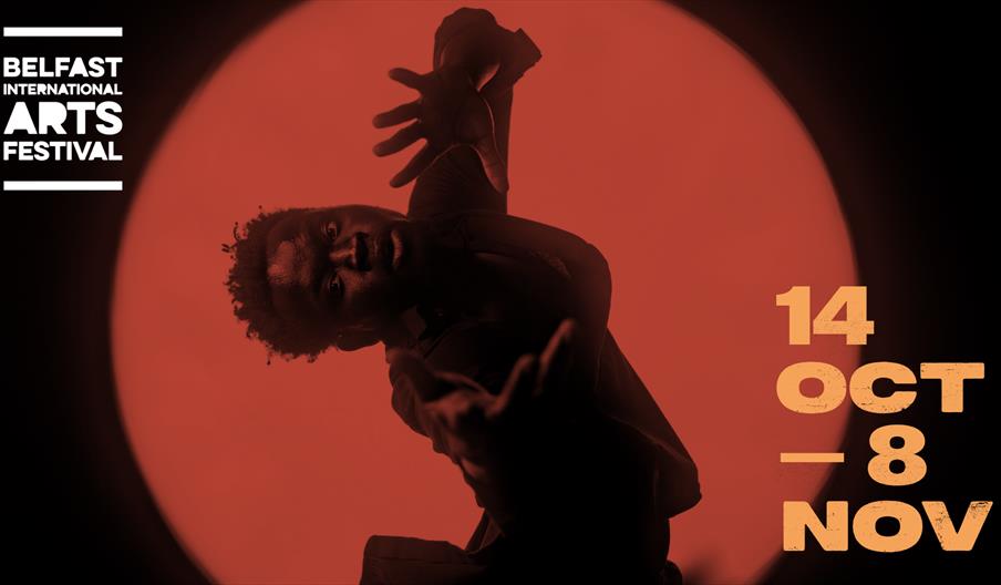 Promotional image for the Belfast International Arts Festival featuring a performer dynamic in motion against a circular red background with festival
