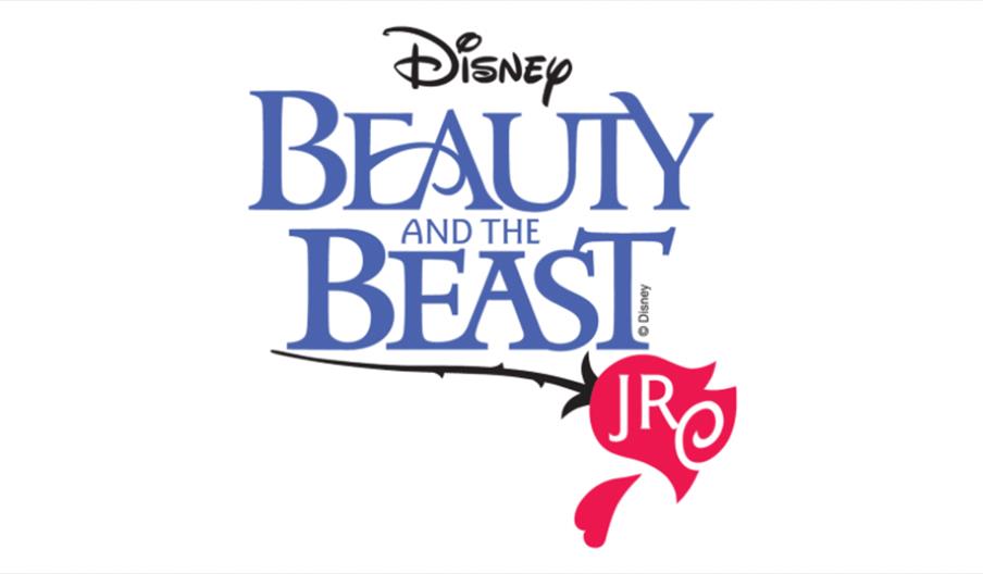 Beauty and the Beast lettering with 'Jr' written in a red rose. There is a white background and the logo Disney above the title
