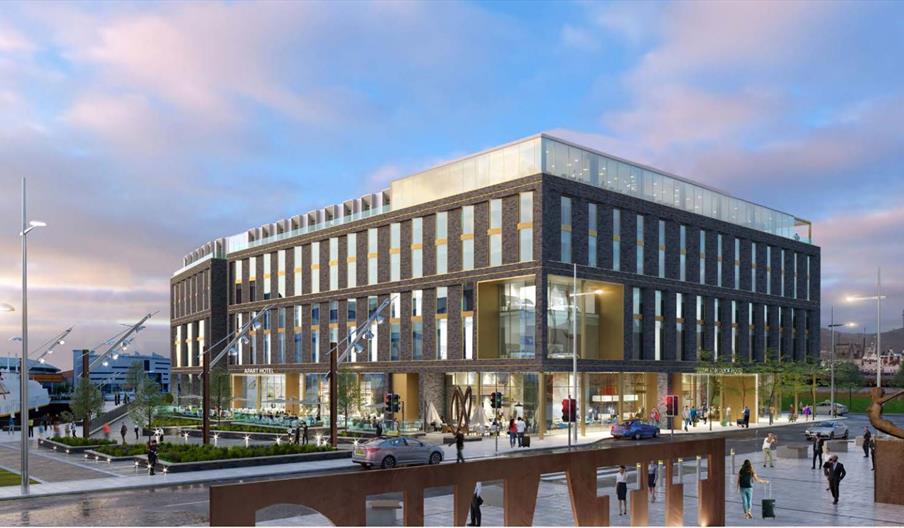 Hotel Exterior - a view from Titanic Belfast signage
