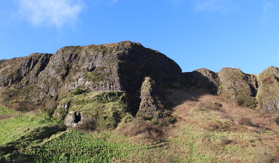 Cave Hill in winter, caves on cliff face are visible