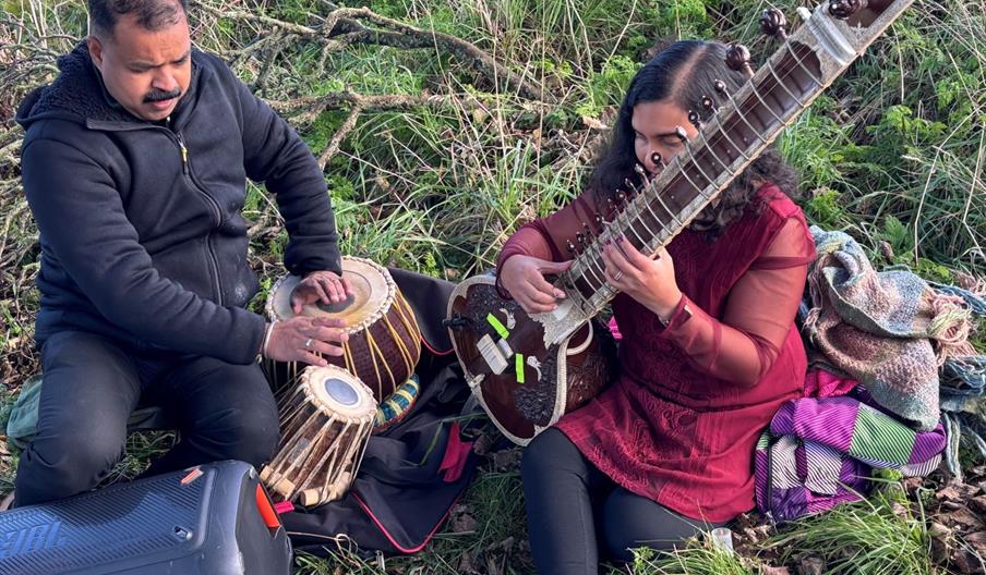 Two musicians playing instruments on grass