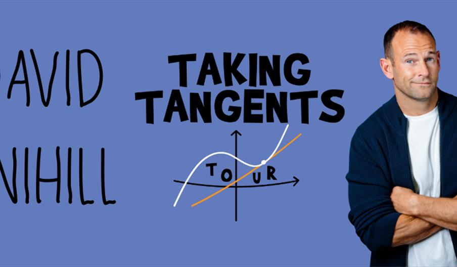 David Nihill is standing with arms crossed with a blue background. On the left, writings of 'David Nihill' and 'Taking Tangent Tour' with geommetrical