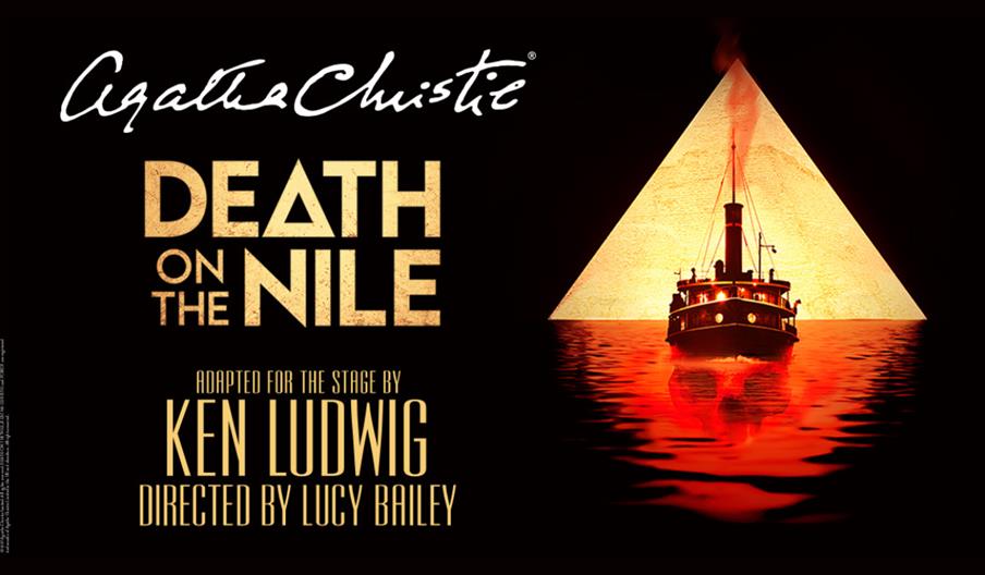 The image shows the "Death on the Nile" play poster. A boat sails in front of an illuminated pyramid on red water. Text includes "Agatha Christie," ad
