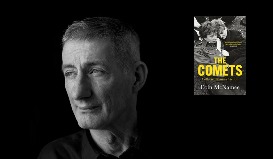 Black-and-white author portrait of Eoin McNamee looking off-camera against a dark background, with an inset image of his book cover The Comets: Collec