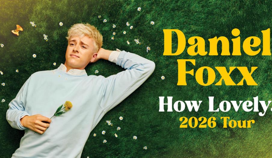 Daniel is lying in the grass surrounded by daisies and an applecore. He is wearing a pastel blue sweater and holding a yellow flower. On the right sid