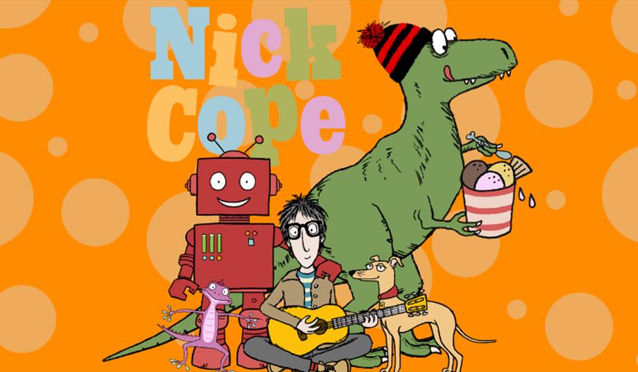Illustration of Nick Cope sitting down playing guitar surrounded by a dinosaur with a woollen hat eating ice cream, a red robot, a purple lizard and a
