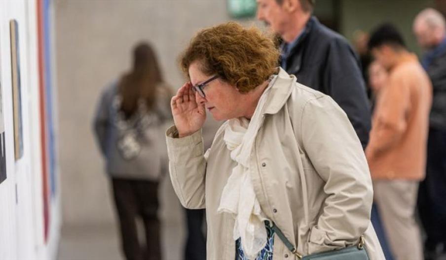 A lady is looking closely at a painting in a gallery