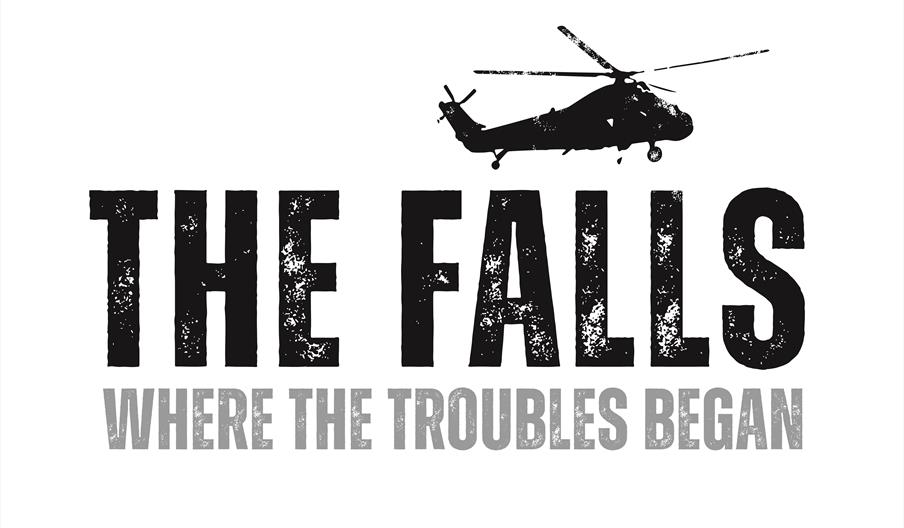 Logo with a helicopter and the text 'The Falls – Where the Troubles Began'