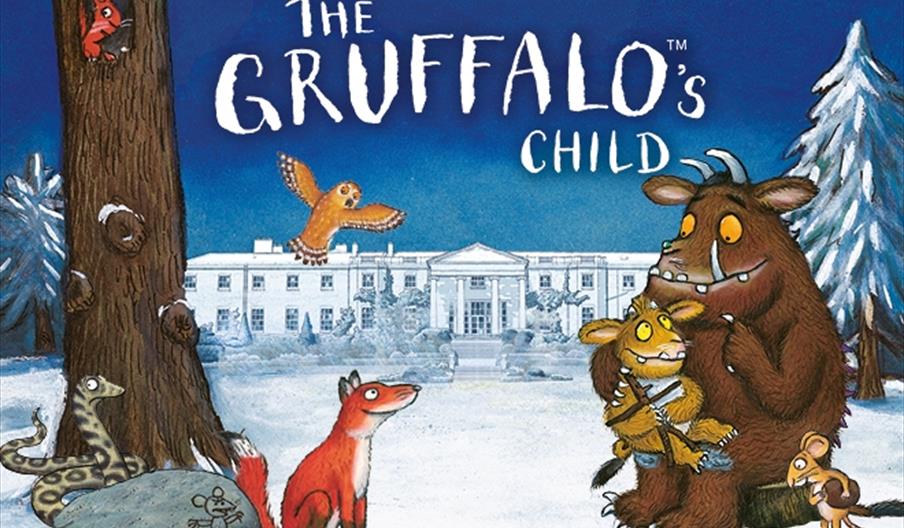 Illustration of The Gruffalo's Child at Hillsborough Castle and Gardens, featuring the Gruffalo and his child alongside woodland characters in a snowy