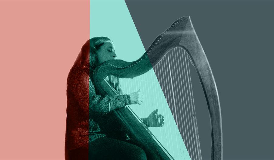 A pink and blue background with a woman playing the harp