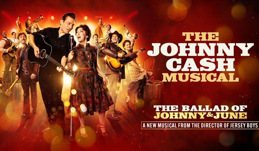 Poster for "The Johnny Cash Musical: The Ballad of Johnny & June." Features performers singing, playing guitars, and dancing on stage, with vibrant re