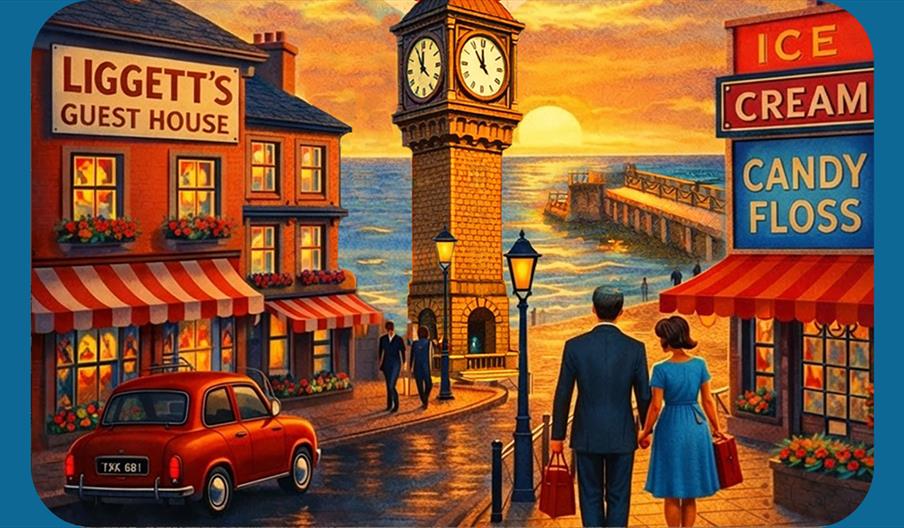 A nostalgic 1960s theatrical poster for 'Second Honeymoon' A Comedy by Sam Cree, set amidst the lively seaside tapestry of Bangor, County Down. The bo