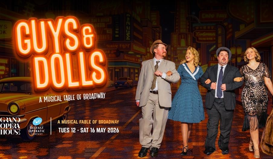 Vintage-style poster for "Guys & Dolls," featuring a vibrant Broadway street with neon signs and a yellow 1950s car, evoking a lively, nostalgic vibe.