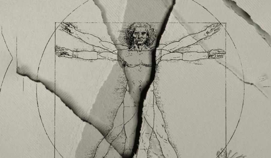 A sketch of a man and various internal organs of the human body.