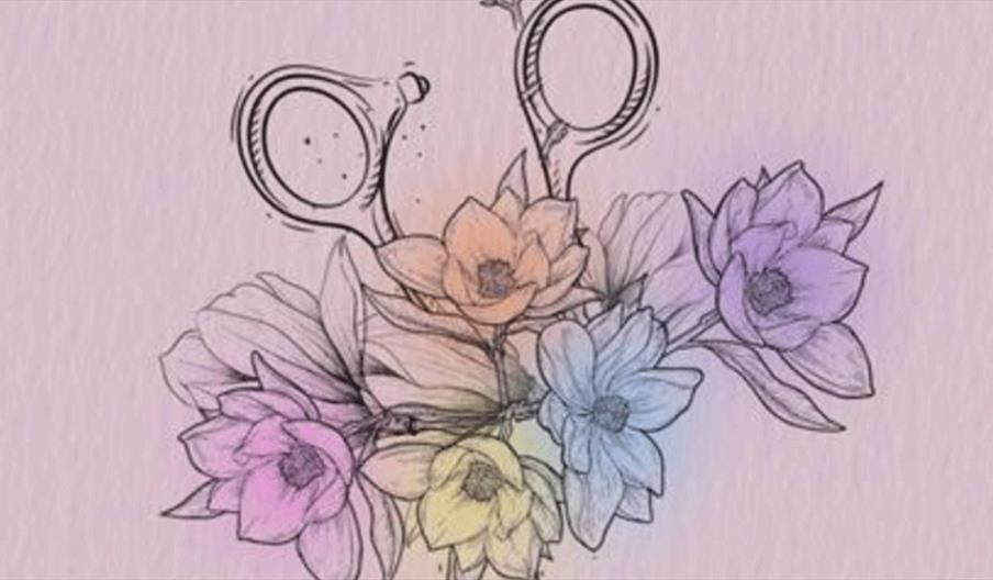 A watercolour image of a pair of scissors surrounded by flowers.