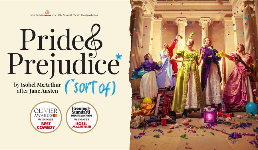 Promotional poster for "Pride & Prejudice (sort of)" featuring actors in colorful period costumes amid confetti and props in a grand columned hall.