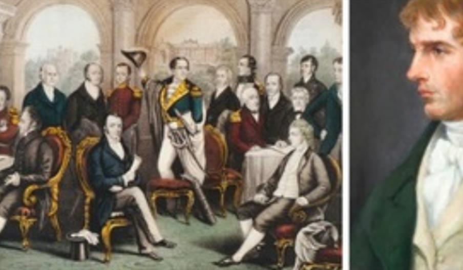 Collage of historical images alongside a sunlit graveyard with old headstone