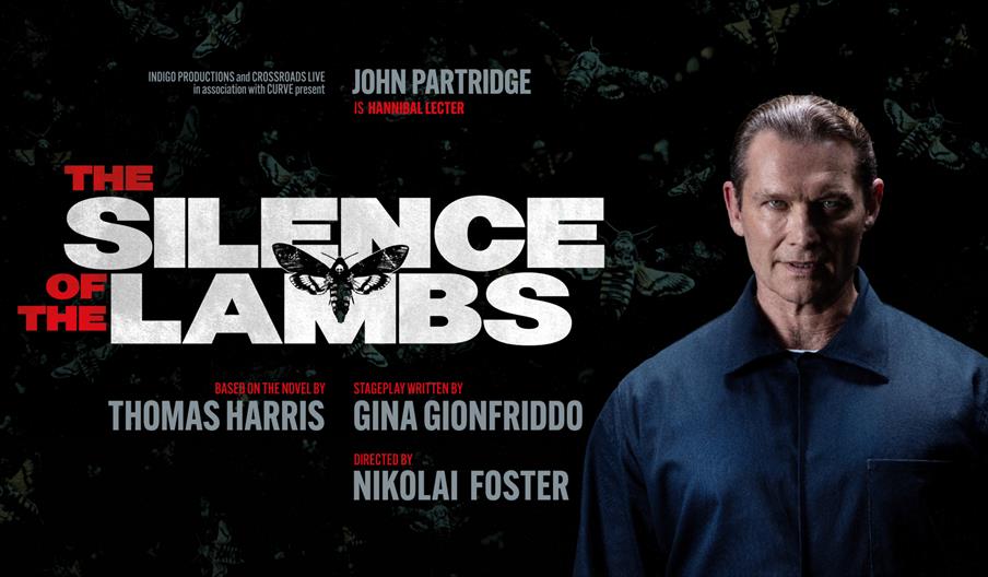 Movie poster for "The Silence of the Lambs," showing John Partridge as Hannibal Lecter beside bold white and red title text on a dark, tense backgroun