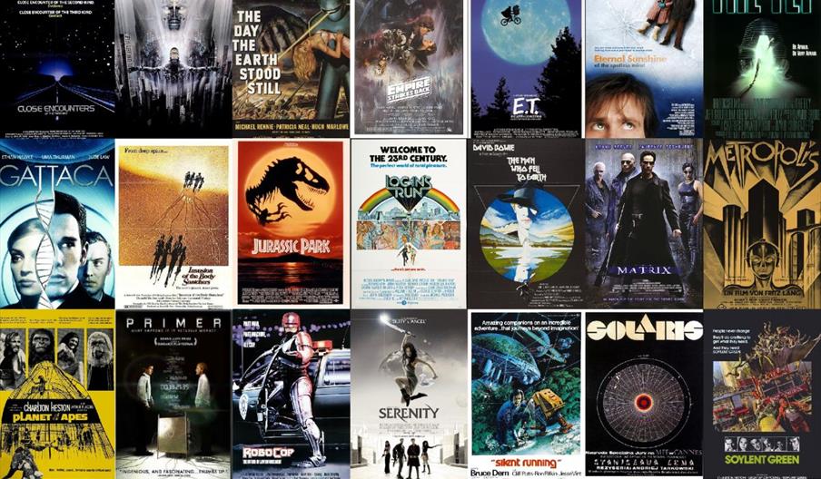 Science-fiction movie posters arranged in a colorful grid collage.