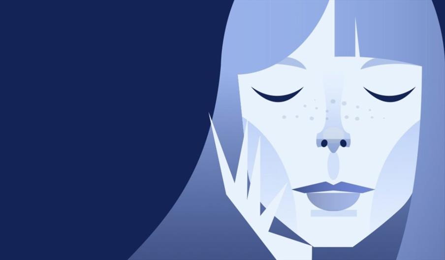 A stylized blue vector illustration of Joni Mitchell with closed eyes, straight long hair with bangs, freckles across her nose, and a hand resting gen