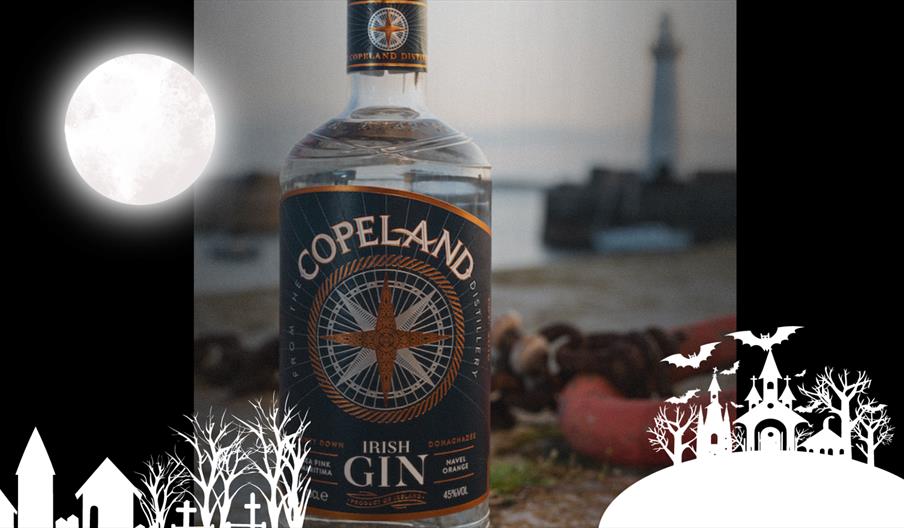 Copeland Gin bottle with Donaghadee lighthouse in the background and spooky decal scenes overlayed