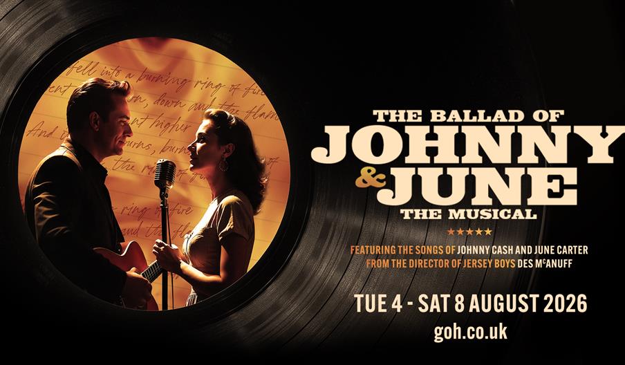Silhouetted couple sings into a vintage microphone on record background. Text: "The Ballad of Johnny & June: The Musical," August 4-8, 2026.