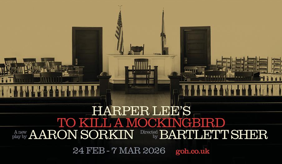 Sepia-toned image of a courtroom with empty wooden chairs. Text reads, "Harper Lee's To Kill a Mockingbird" by Aaron Sorkin, directed by Bartlett Sher
