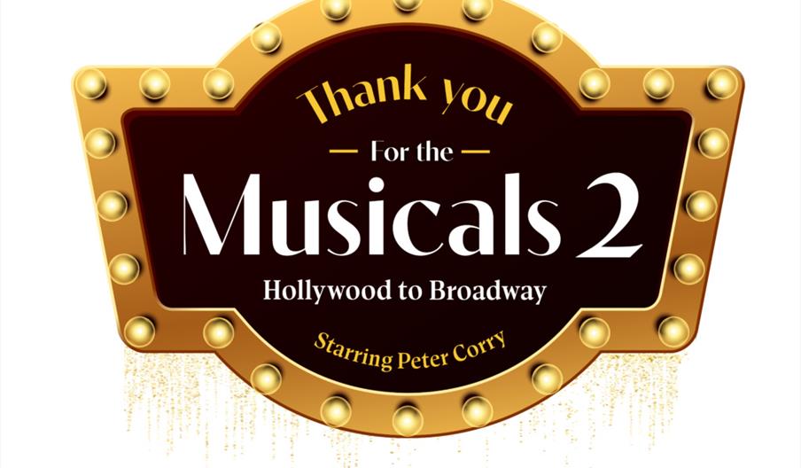 A broadway-style graphic, surrounded by a gold-frame with lit bulbs displays the event name.