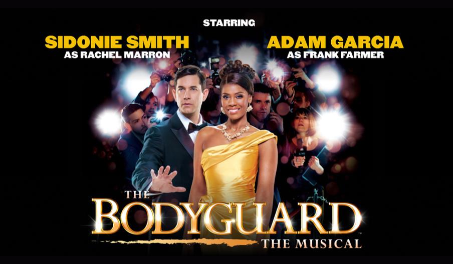 "Promotional poster for 'The Bodyguard: The Musical'. A man in a suit stands protectively beside a woman in a golden gown, surrounded by paparazzi. Bo