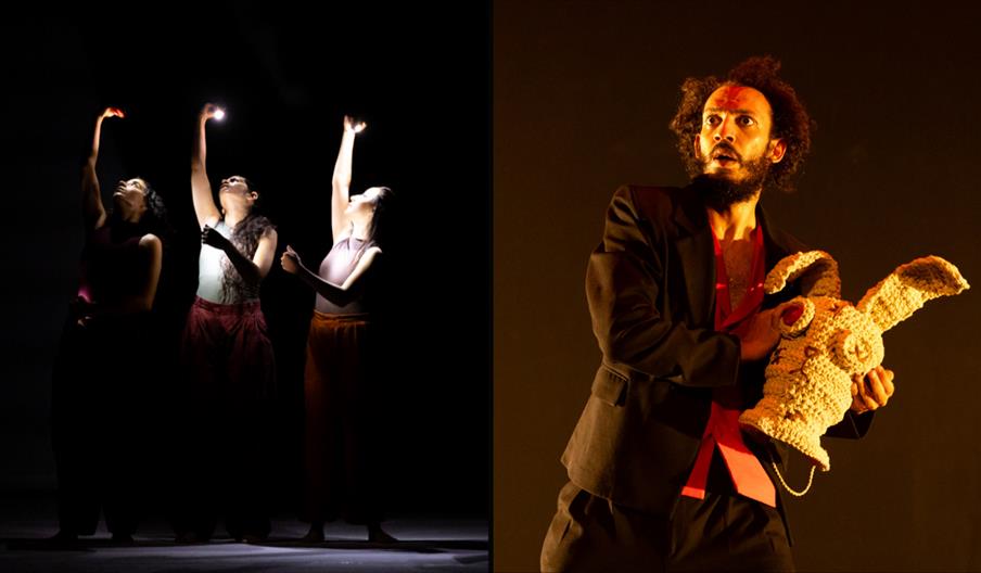 A split image showing two theatrical scenes: on the left, three dancers on a dark stage reach upward toward bright handheld lights; on the right, a ma