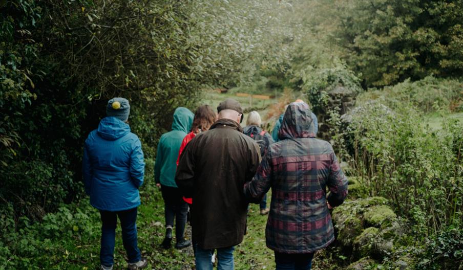 A group of people with hoods up walking through a wet woodland area