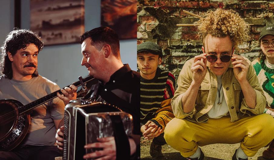 Two band images side by side. One with three men looking at the camera and one with two men playing a banjo and an accordian.