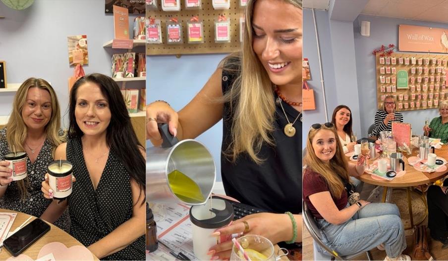A group of smiling ladies at a Candle Pouring Experience at Olivia's Haven