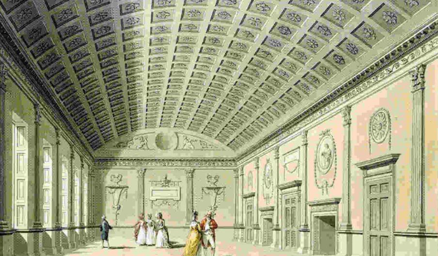 An old painting of a large hall