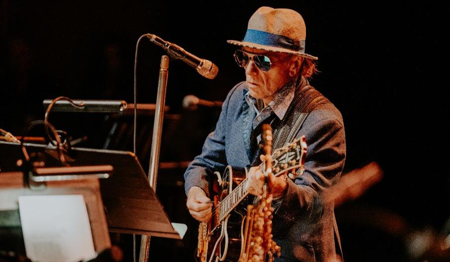 Van Morrison is playing a guitar on a lit stage in front of a microphone.