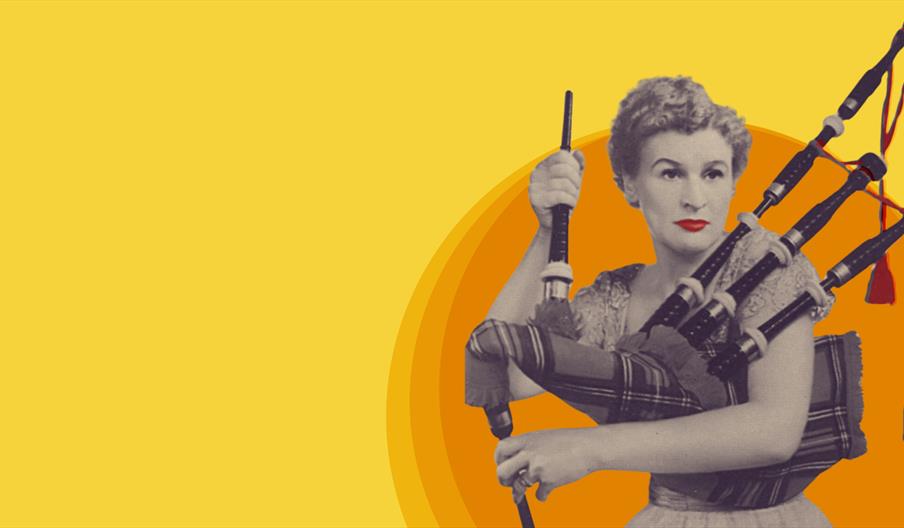 A black and white image of a woman holding bagpipes on a yellow background