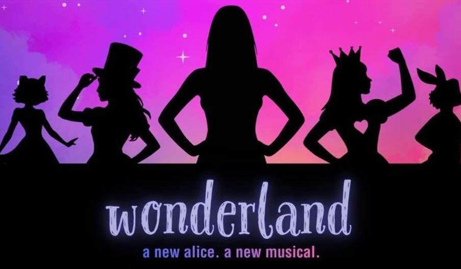 Black silhouettes of the cheshire cat, mad hatter, alice, queen of hearts, and the white rabbit on an ombre pink and purple background with white star