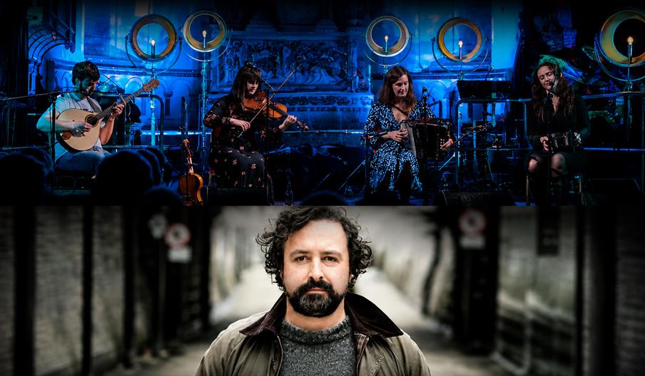 A split-image promotional-style visual: Top half : Consists of four person Tradtional music band live performance. Bottom half : A close up portrait o