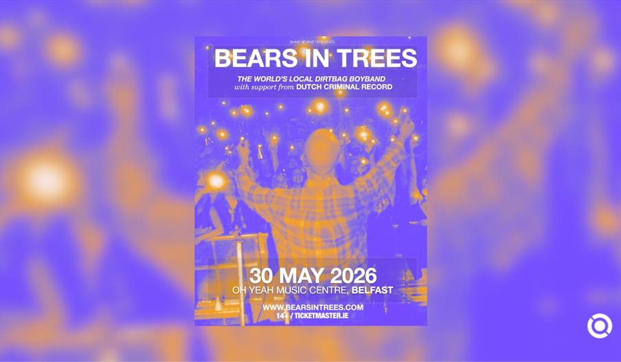 A concert poster for the band "BEARS IN TREES," featuring a high-contrast purple and yellow duotone photograph of a performer with their back to the c
