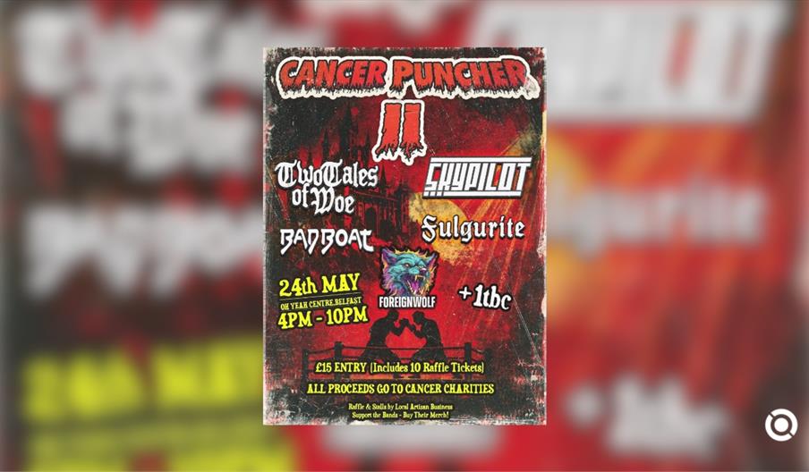 A gritty, heavy-metal-inspired charity event poster titled "CANCER PUNCHER II." The background features a distressed red and black texture with a fain