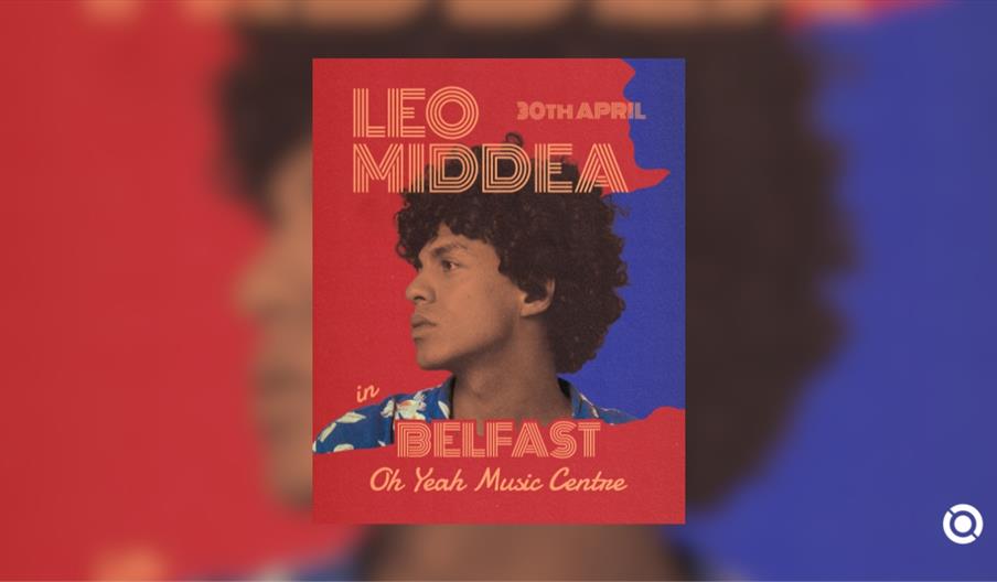 A promotional poster for Leo Middea featuring a warm, retro aesthetic. The background is split vertically into red on the left and blue on the right,