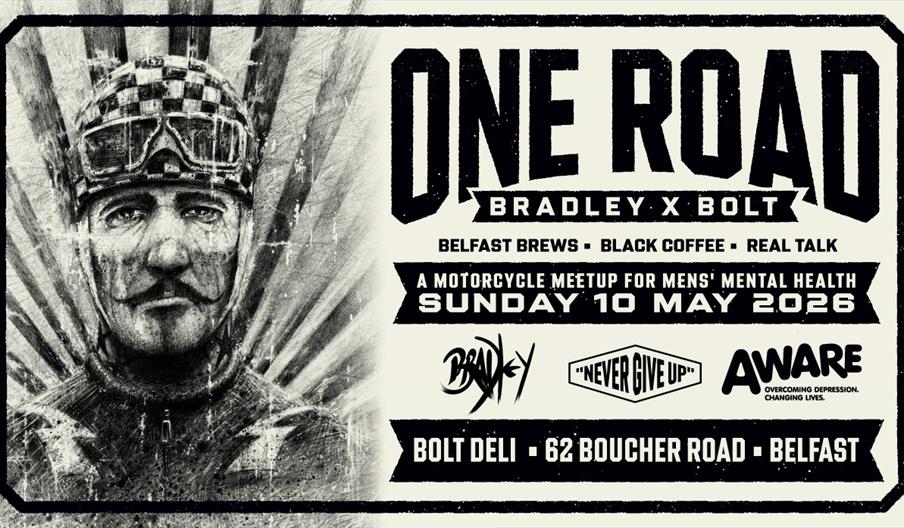 Vintage-style black and white poster titled "ONE ROAD" promoting a motorcycle meet-up for men's mental health. The poster features a distressed illust
